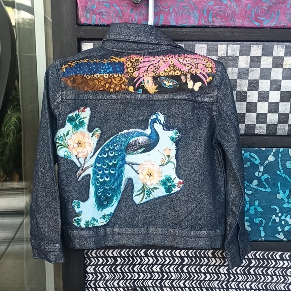 Toughskins Kids Denim Jacket with Peacock and Floral Design